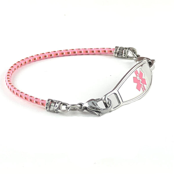 Pink stretch cord medical alert bracelet with pink star of life stainless steel medical ID tag.