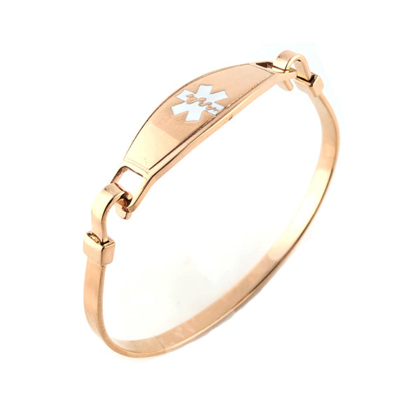 Rose Gold plated bangle medical alert bracelet with white star of life symbol.