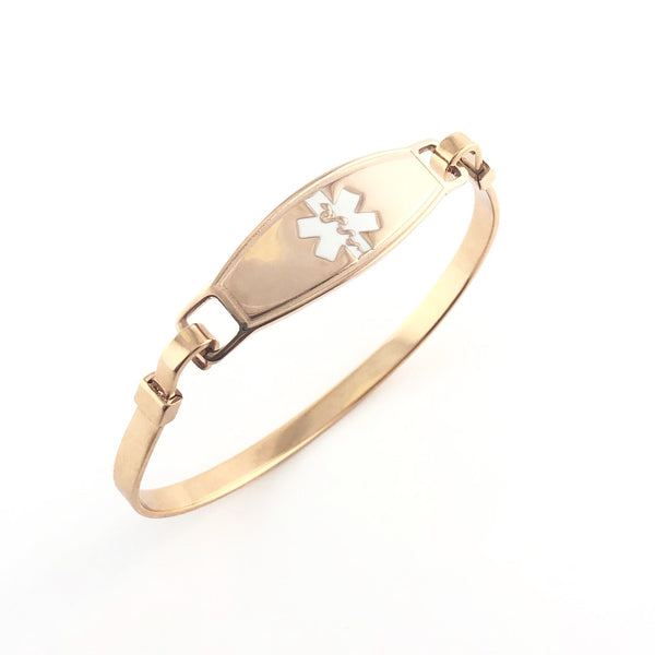 Rose Gold plated bangle medical alert bracelet with white caduceus symbol.