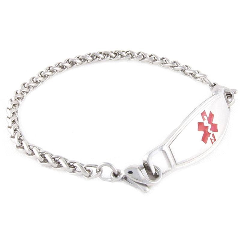 Stainless steel medical alert bracelet in a wheat chain design with pink medical ID tag.Stainless steel medical alert bracelet in a wheat chain design with red medical ID tag.