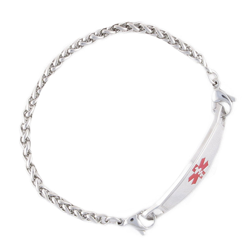 Stainless steel medical alert bracelet in a wheat chain design with red medical ID tag.