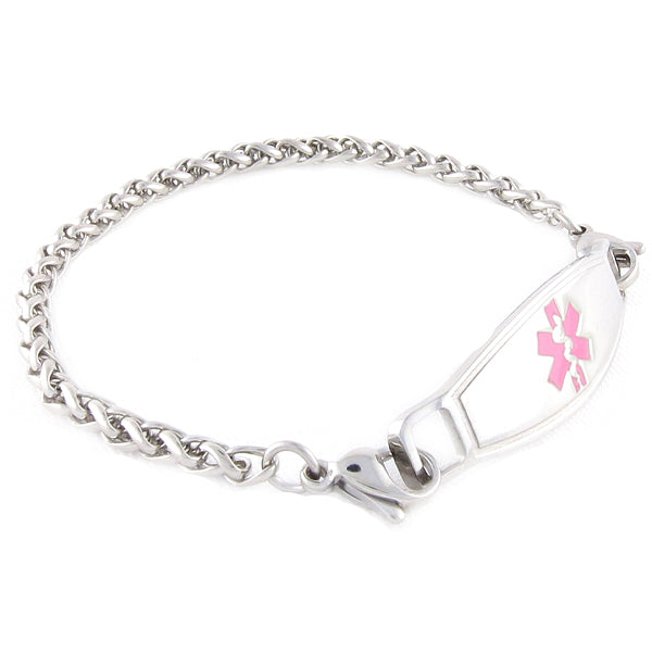 Stainless steel medical ID bracelet in a wheat chain design with pink medical ID tag.