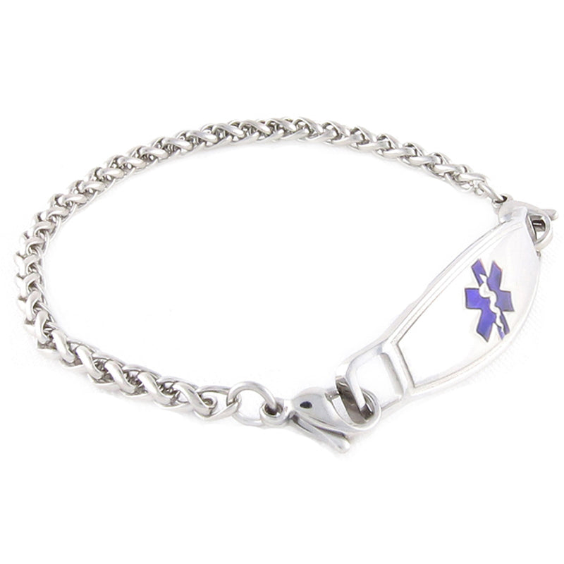 Stainless steel medical alert bracelet in a wheat chain design with blue medical ID tag.