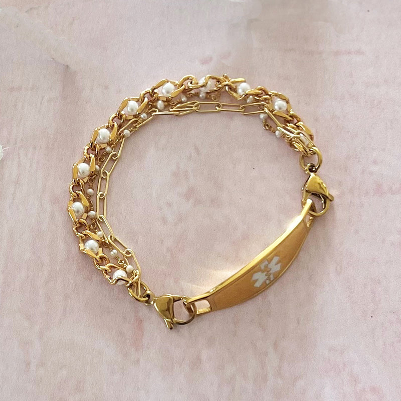Triple Golden Pearls Medical Alert Bracelet