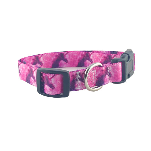 Nylon dog collar with purple unicorns on  pink background design.