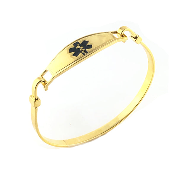 Gold plated bangle medical alert bracelet with black star of life symbol.