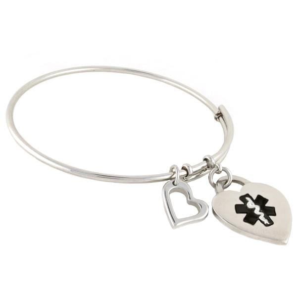 Stainless Steel Bangle and heart medical charm with black star of life symbol and attached heart decorative charm.