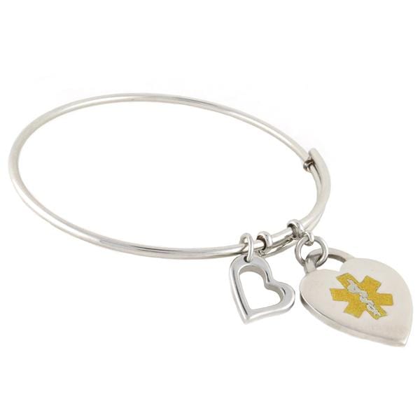 Stainless Steel Bangle and heart medical charm with gold star of life symbol and attached heart decorative charm.