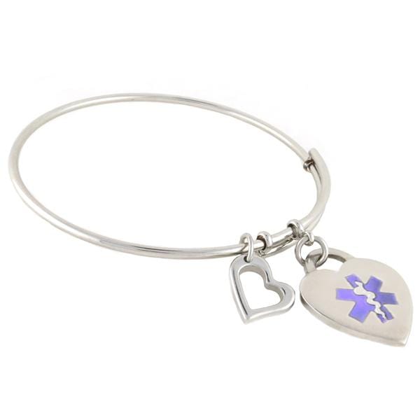 Stainless Steel Bangle and heart medical charm with purple star of life symbol and attached heart decorative charm.