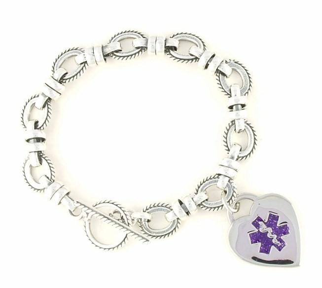 Silver medical charm bracelet with purple heart medical charm.