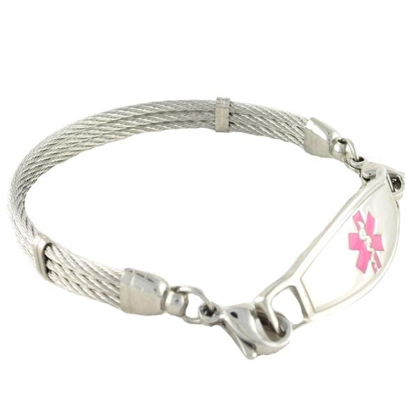 Triple strand cable stainless steel medical alert bracelet with pink star of life medical tag