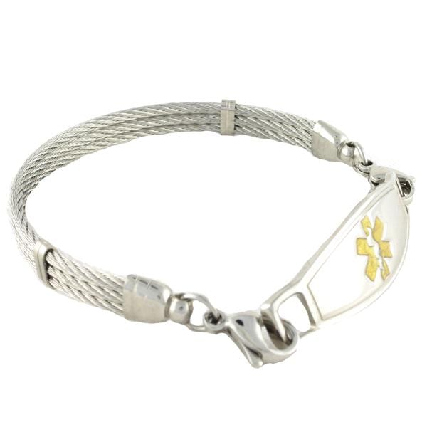 Triple strand cable stainless steel medical alert bracelet with gold star of life medical tag