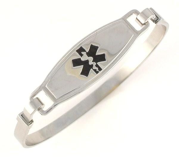 Stainless steel bangle medical alert bracelet with black star of life medical tag.