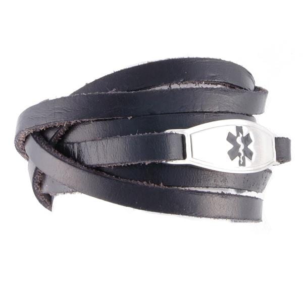 Black leather wrap medical alert bracelet with black star of life stainless steel medical ID tag. - n-styleid.com