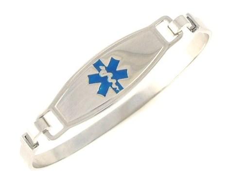 Stainless steel bangle medical alert bracelet with royal blue star of life medical tag.