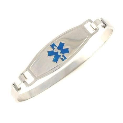 Stainless steel bangle medical alert bracelet with royal blue star of life medical tag.