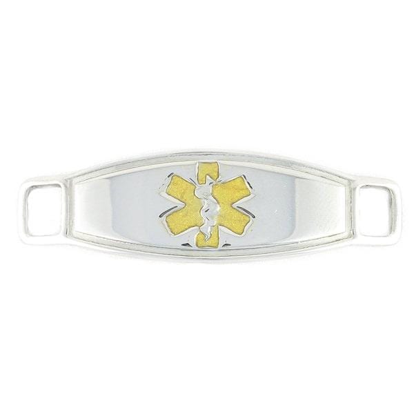 Stainless steel medical ID tag with gold star of life symbol.