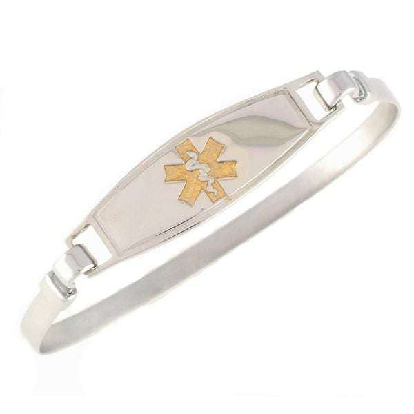 Stainless steel bangle medical alert bracelet with gold star of life medical tag.