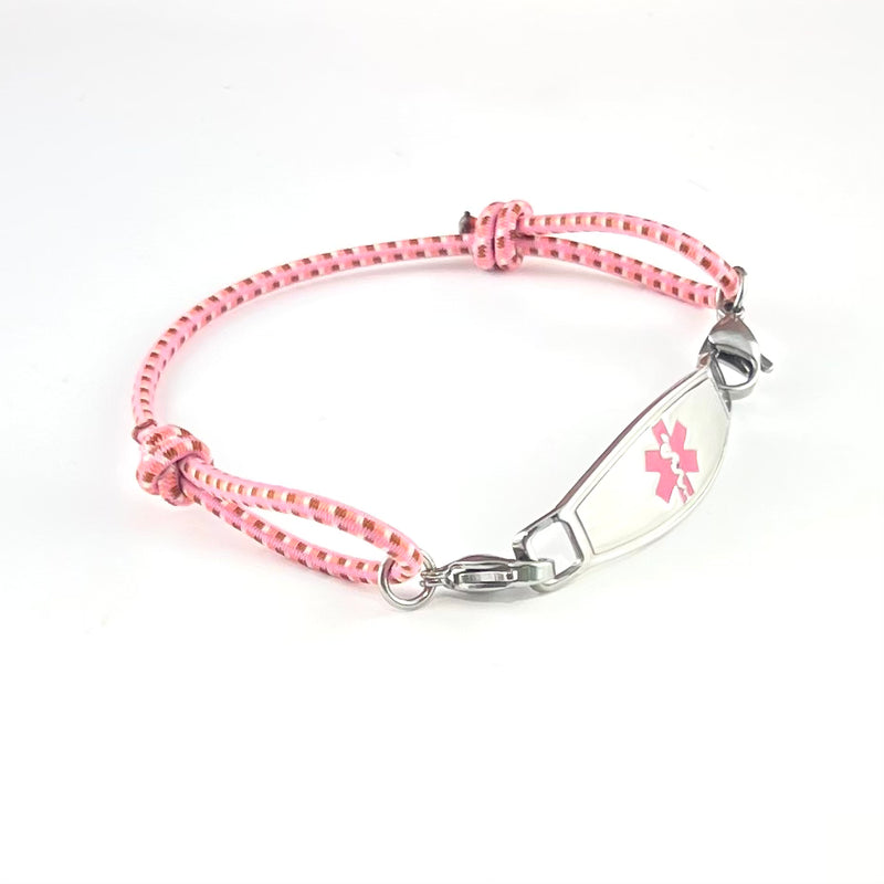 Adjustable pink stretch cord medical alert bracelet with pink star of life stainless steel medical ID tag.
