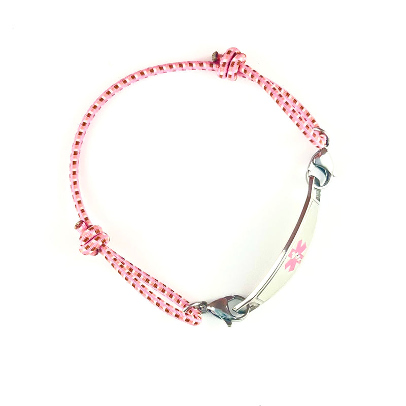Adjustable pink stretch cord medical alert bracelet with pink star of life stainless steel medical ID tag.