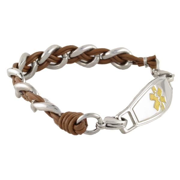 Brown leather woven into a stainless steel chain medical alert bracelet. 