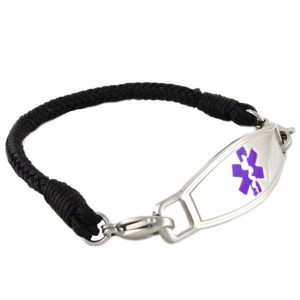 Black braided nylon medical alert ID bracelet with purple star of life medical ID tag.