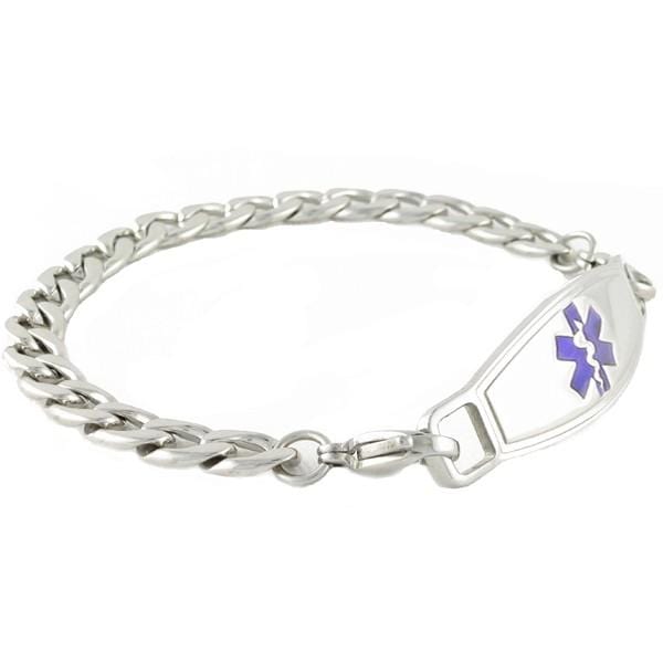 Stainless steel link chain medical alert ID bracelet with purple star of life medical ID tag.