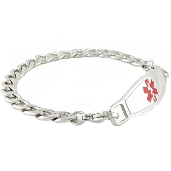 Stainless steel link chain medical alert ID bracelet with red star of life medical ID tag.