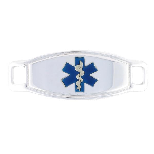 Stainless steel medical ID tag with blue star of life symbol.
