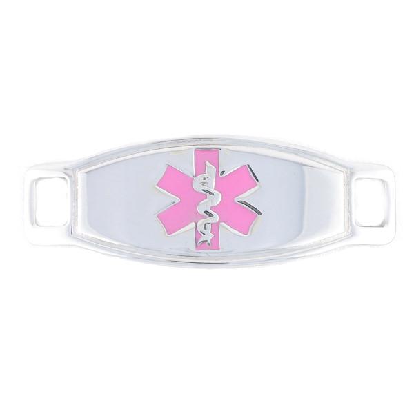 Stainless steel medical ID tag with pink star of life symbol.