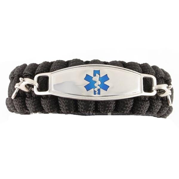 Black paracord medical ID bracelet with blue medical ID tag.