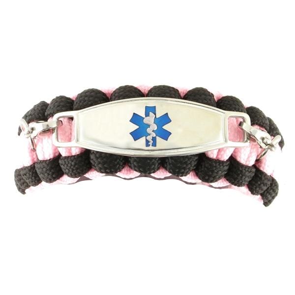 Pink and black paracord medical ID bracelet with blue medical ID tag.