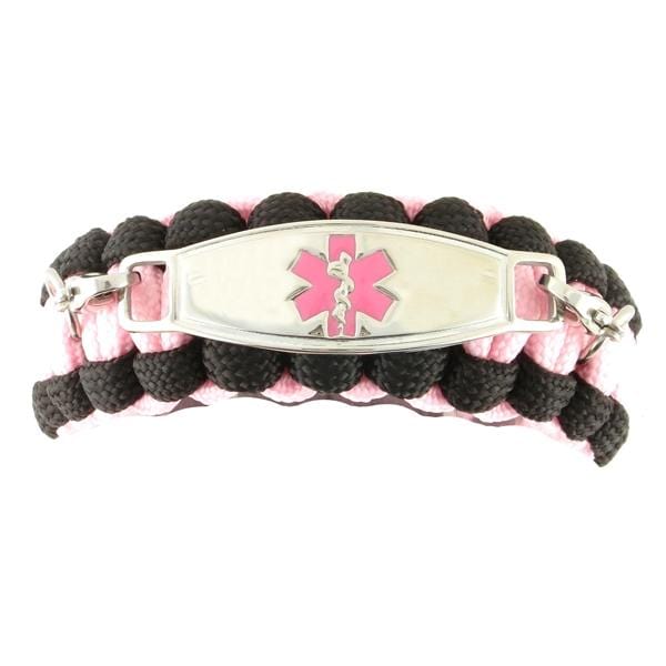 Pink and black paracord medical ID bracelet with pink medical ID tag.