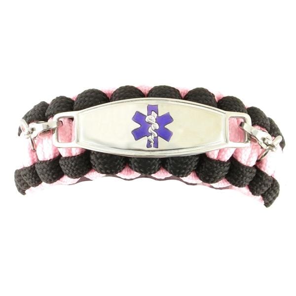 Pink and black paracord medical ID bracelet with purple medical ID tag.
