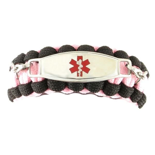 Pink and black paracord medical ID bracelet with red medical ID tag.