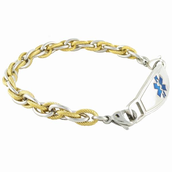 Silver and gold rope chain medical alert bracelet with blue star of life medical Id tag.