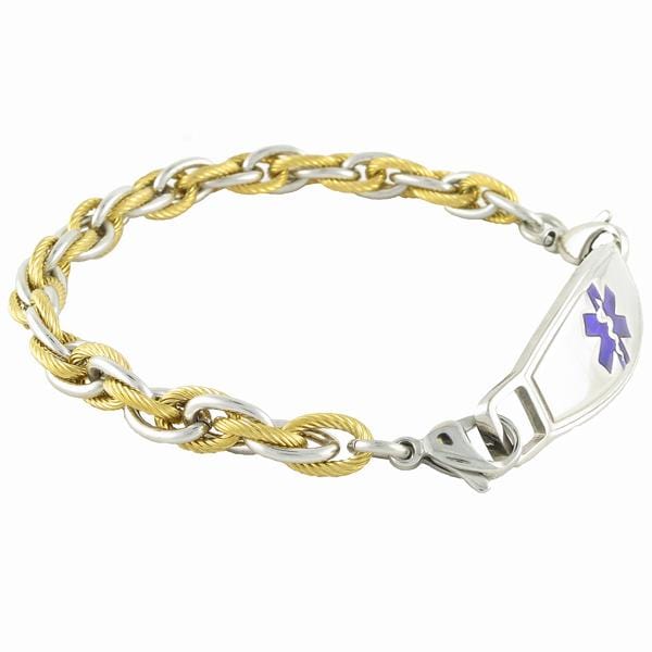 Silver and gold rope chain medical alert bracelet with purple star of life medical Id tag.