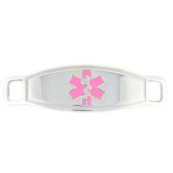 Stainless steel medical ID tag with pink star of life symbol.