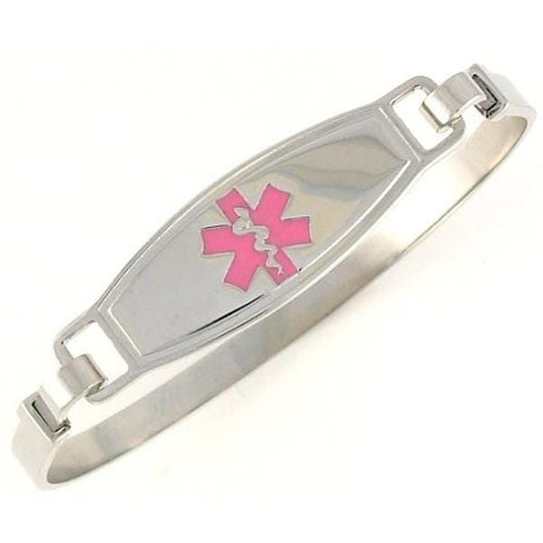 Stainless steel bangle medical alert bracelet with pink star of life medical tag.