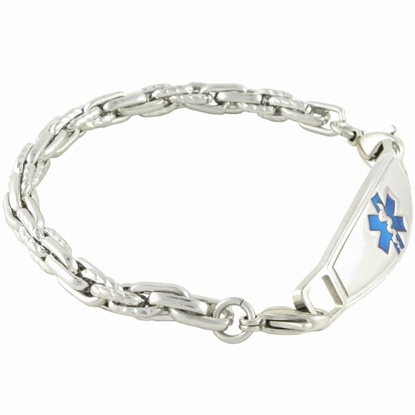 Stainless steel chain medical alert bracelet with blue medical ID tag. 
