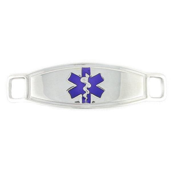 Stainless steel medical ID tag with purple star of life symbol.