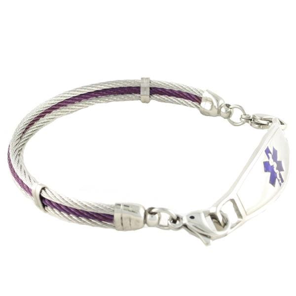 Purple and stainless steel cable medical alert bracelet.