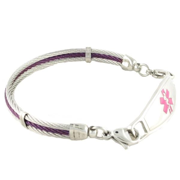 Purple and stainless steel cable medical alert bracelet.