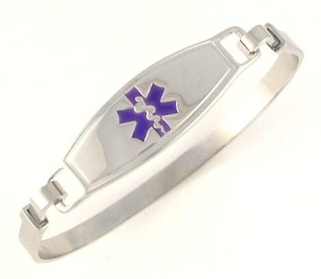 Stainless steel bangle medical alert bracelet with purple symbol medical tag.