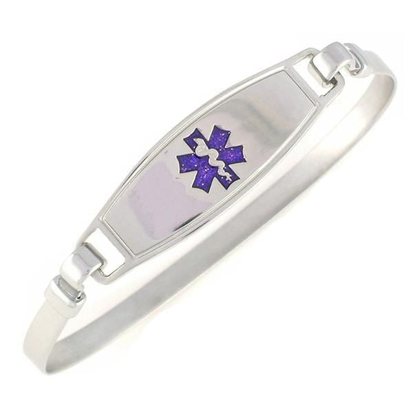 Stainless steel bangle medical alert bracelet with purple star of life medical tag.