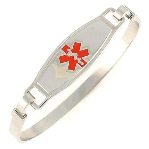Stainless steel bangle medical alert bracelet with red star of life medical tag.