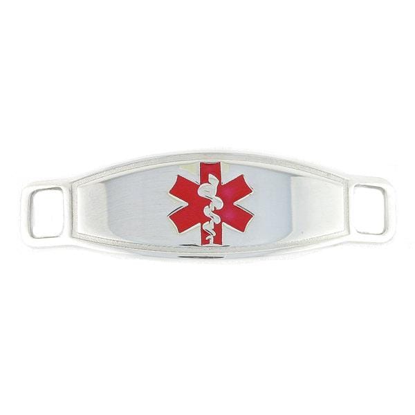 Stainless steel medical ID tag with red star of life symbol.