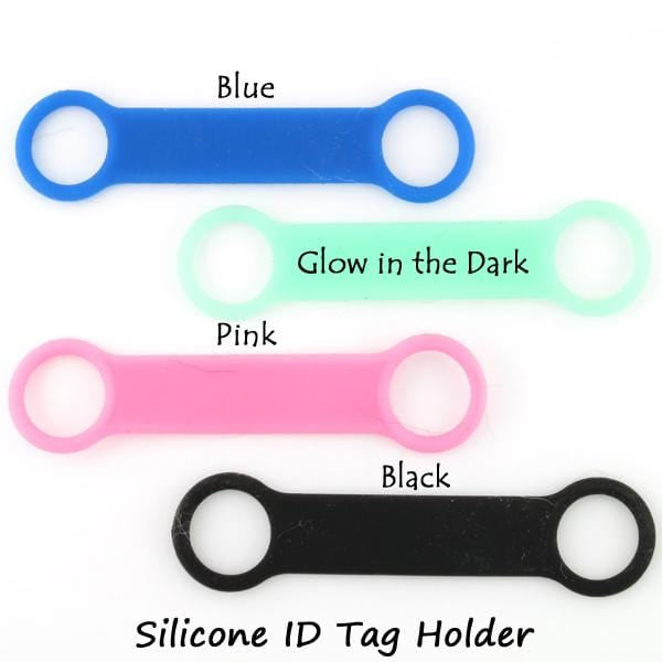 Silicone tag holder in blue, glow in the dark, pink and black.