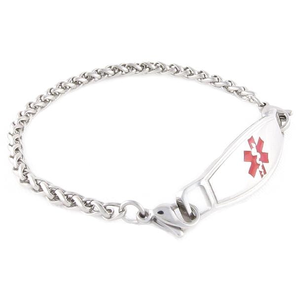 Stainless steel medical bracelet in a wheat design chain with red symbol medical ID tag. 