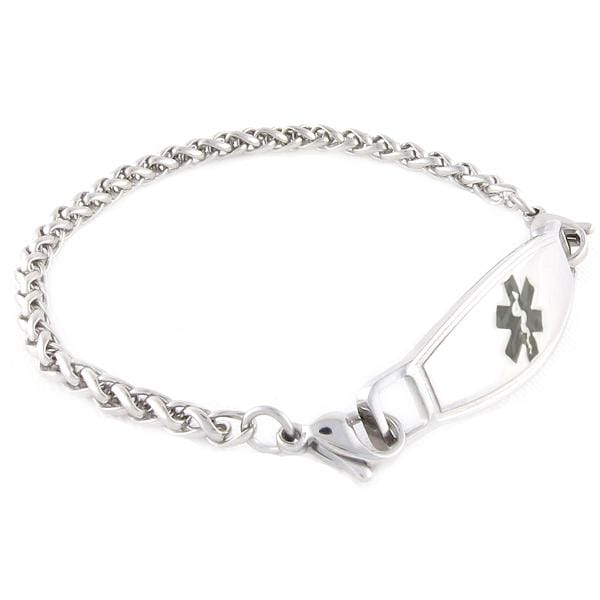 Stainless steel medical bracelet in a wheat design chain with black symbol medical ID tag. 